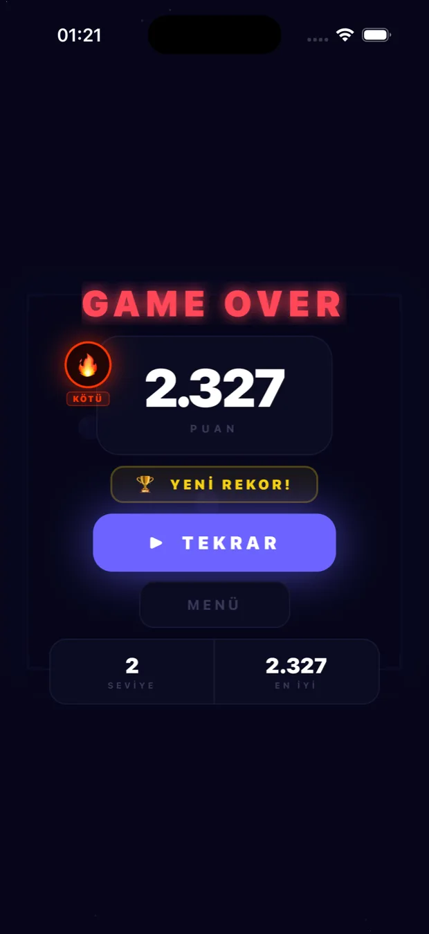 DodgeArena'nın oyun sonu ekranı — Game Over başlığı, sayarak yükselen puan, yeni rekor rozeti, tekrar oyna ve menü düğmeleri, altta ulaşılan seviye ile en iyi skor satırı