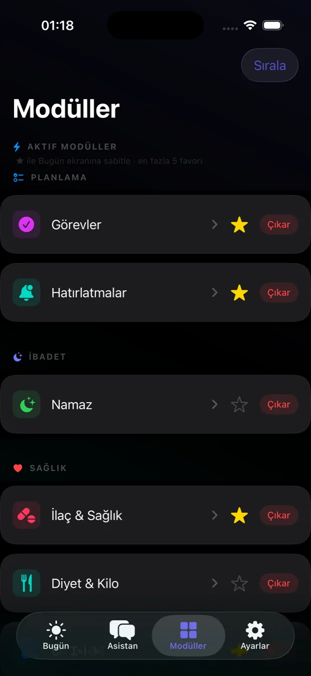 Rehber'in Modüller ekranı — Planlama, İbadet ve Sağlık başlıkları altında listelenen Görevler, Hatırlatmalar, Namaz, İlaç ve Diyet modülleri; her satırda favori yıldızı ve Çıkar düğmesi